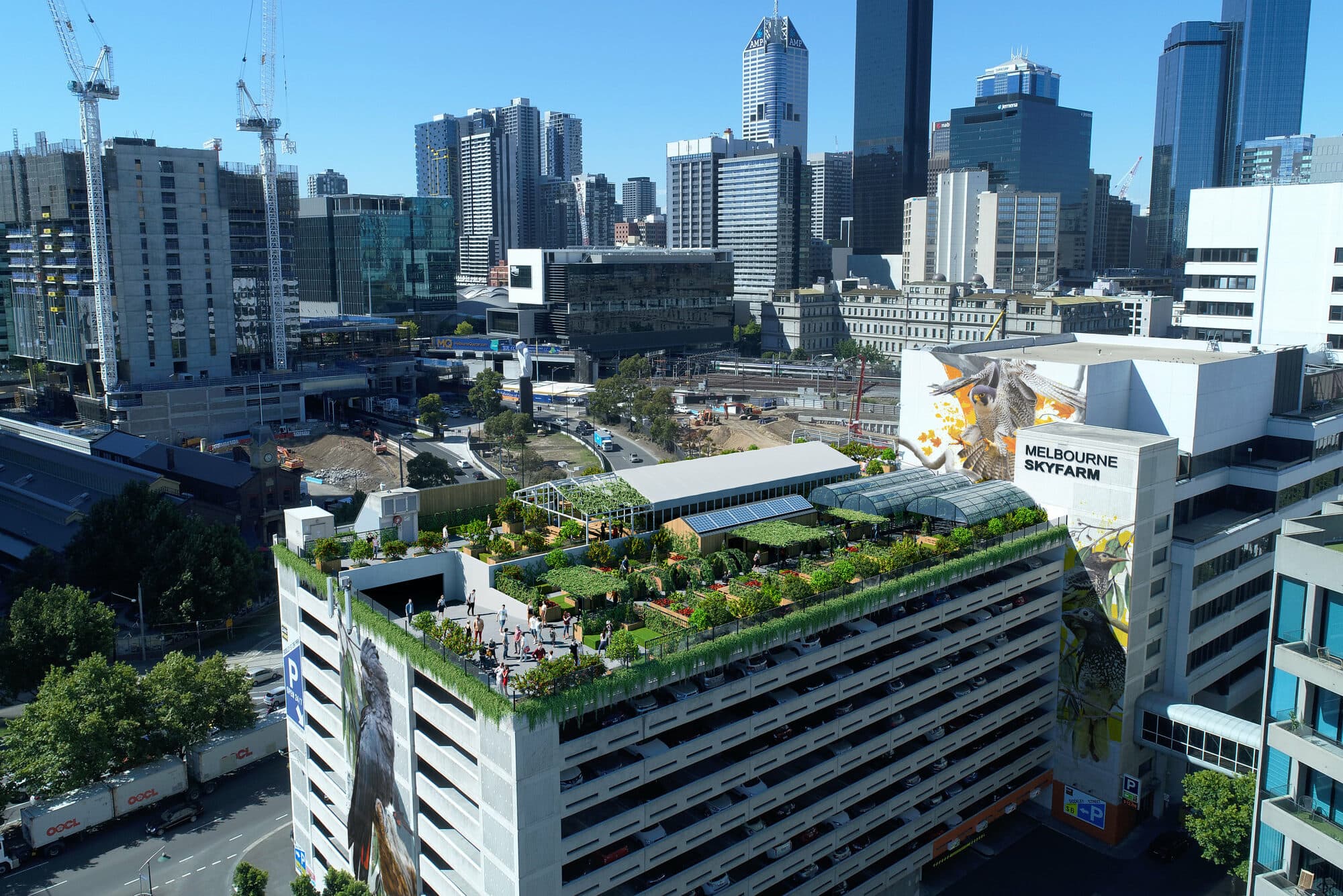 View over Melbourne Skyfarm rooftop and city