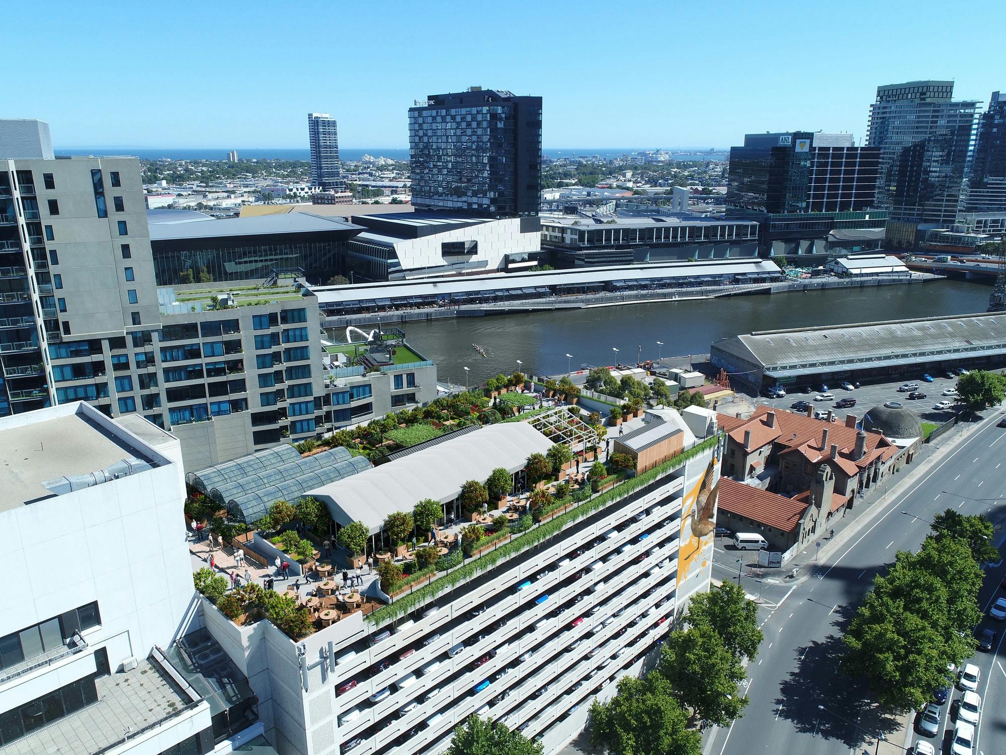 View over Melbourne Skyfarm roof and Yarra river