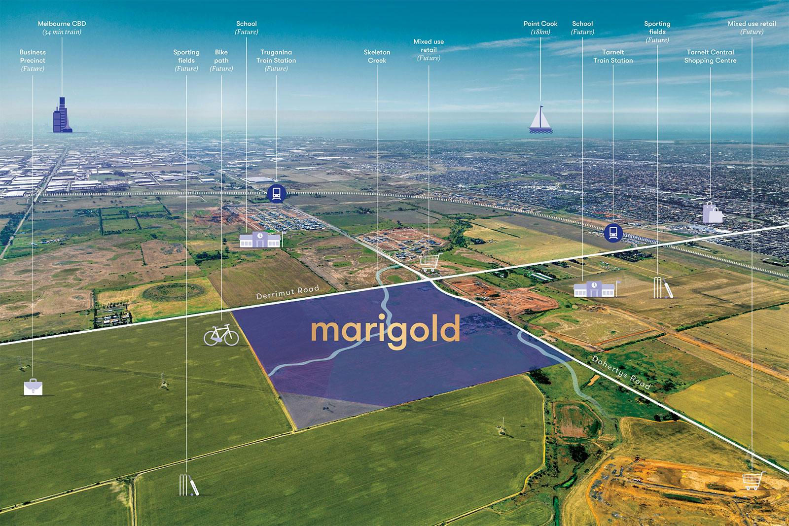 Aerial view of Marigold area with map overlay